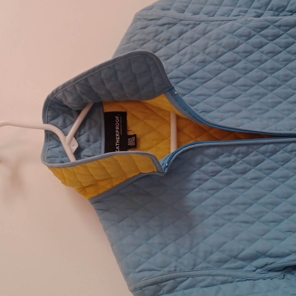 Blue Quilted Soft Shell Zipper Coat Jacket Diamond Design Yellow Liner Weathrprf - Picture 7 of 10
